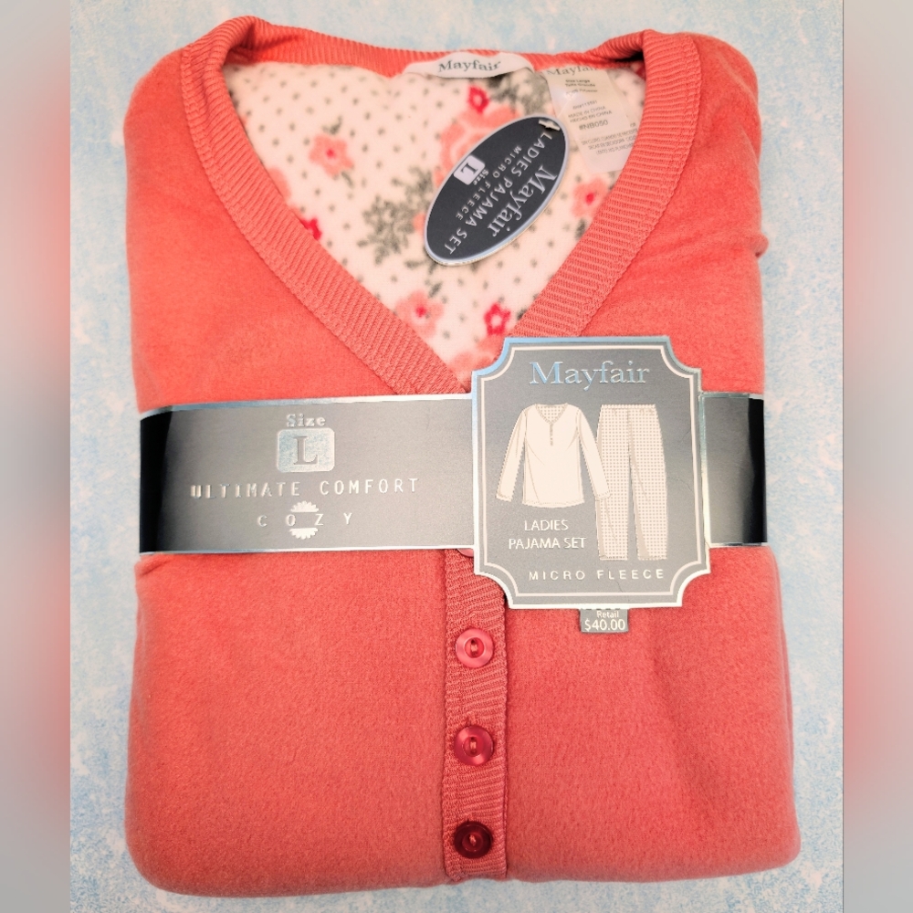 Mayfair Coral Micro Fleece Ladies Pajama Set-Coral and Floral Print